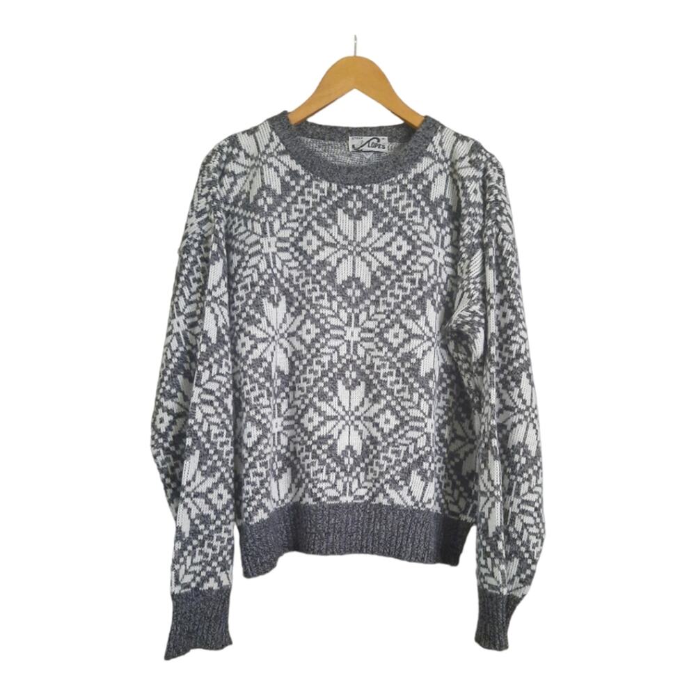 Steep Slopes Vintage Mens Snowflake Gray and White Ski Sweater Size Medium